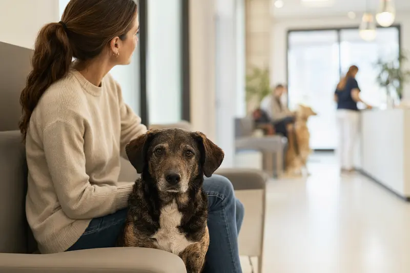 Ein ruhiger Hund sitzt neben seinem Besitzer im hellen Wartezimmer einer modernen Tierarztpraxis.